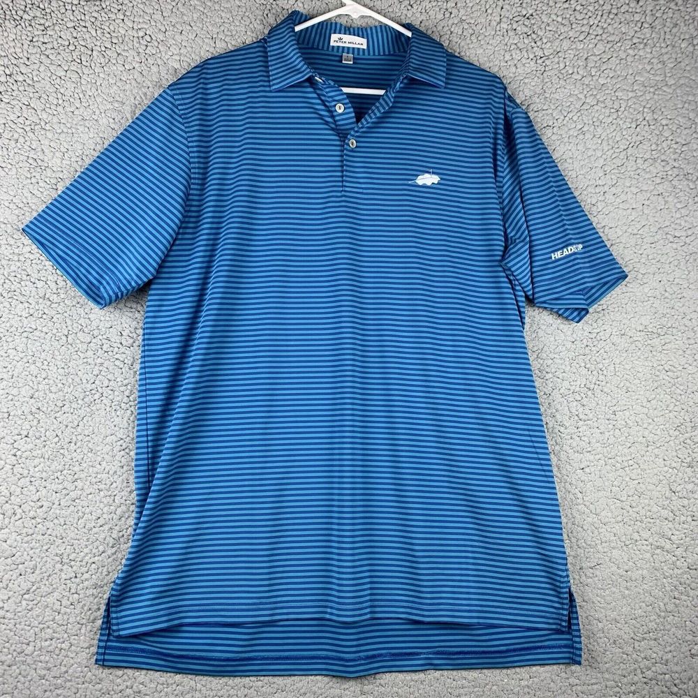 Peter Millar Golf Polo Shirt Blue Striped Mens Large L Heads Up Golf Outing